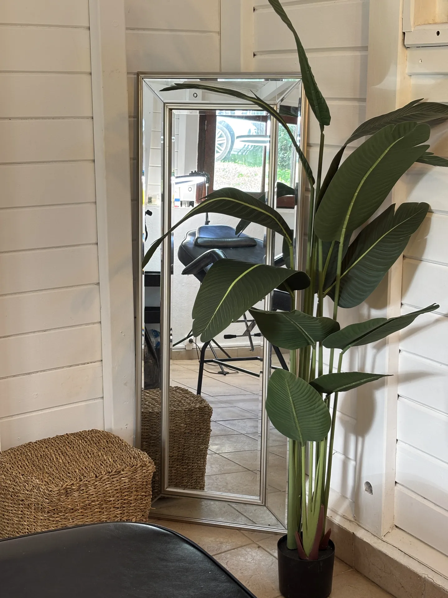 Entrée du NHS Beauty Studio avec miroir et plante tropicale